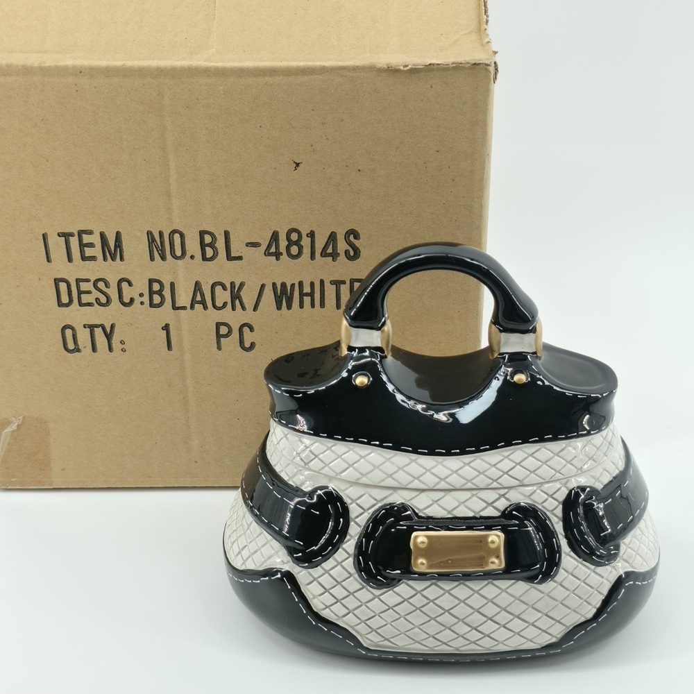 David's Cookies Purse Cookie Jar #BL-4814 Candy Trinket Black/White/Gold New
